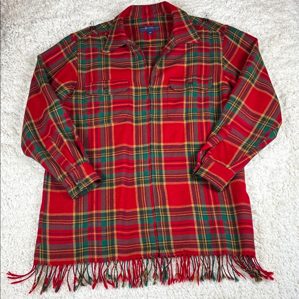 Breeches Women's 100% Wool, Full Zip Red Plaid Fringe Shacket, Size Medium